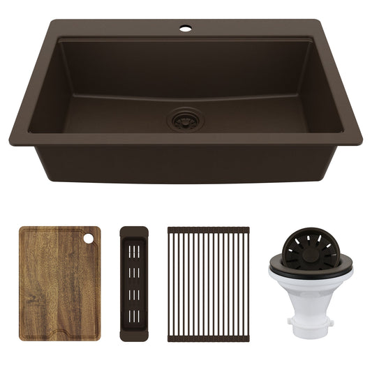 33" Top Mount Single Bowl Quartz Kitchen Sink Kit In Brown
