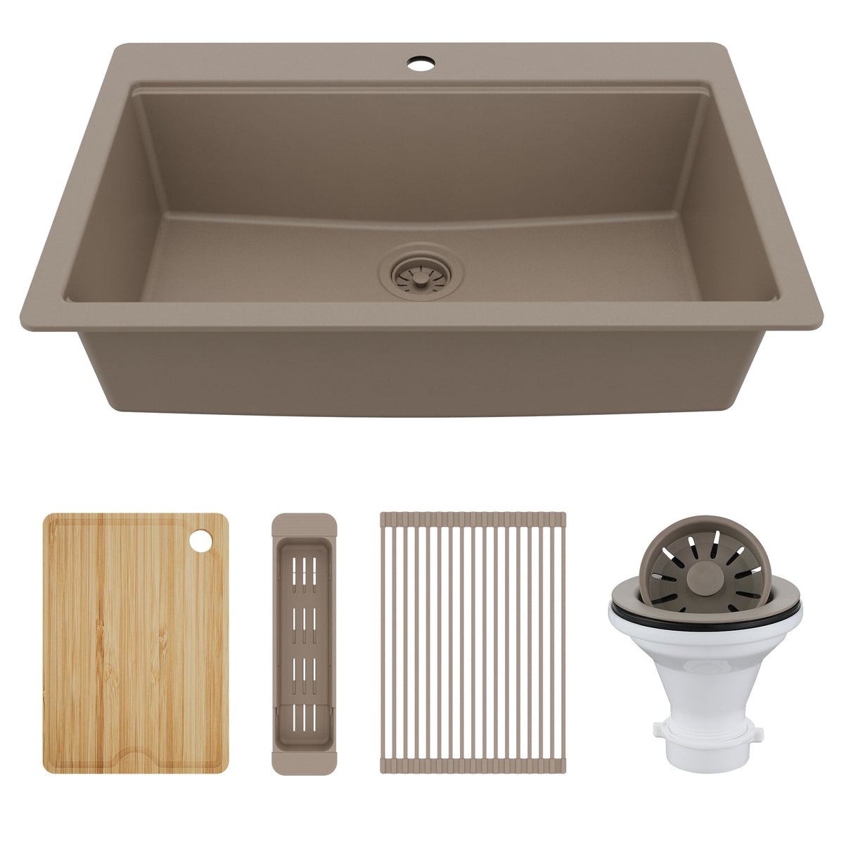 33" Top Mount Single Bowl Quartz Kitchen Sink Kit In Concrete