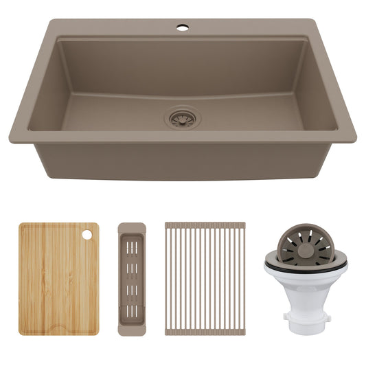 33" Top Mount Single Bowl Quartz Kitchen Sink Kit In Concrete