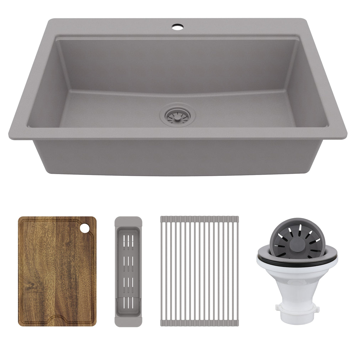 33" Top Mount Single Bowl Quartz Kitchen Sink Kit In Grey