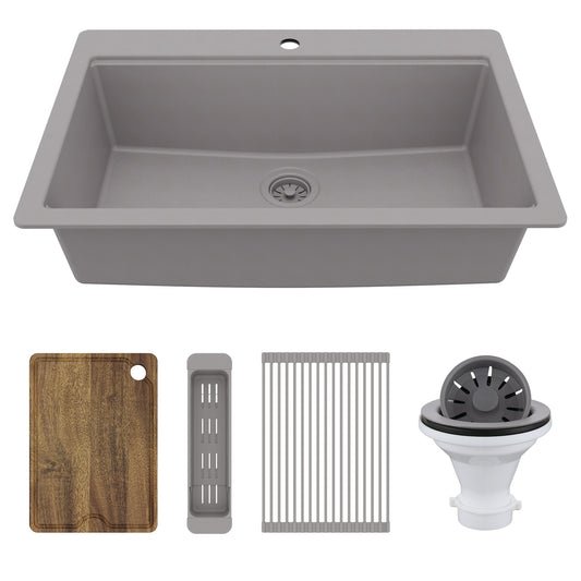 33" Top Mount Single Bowl Quartz Kitchen Sink Kit In Grey