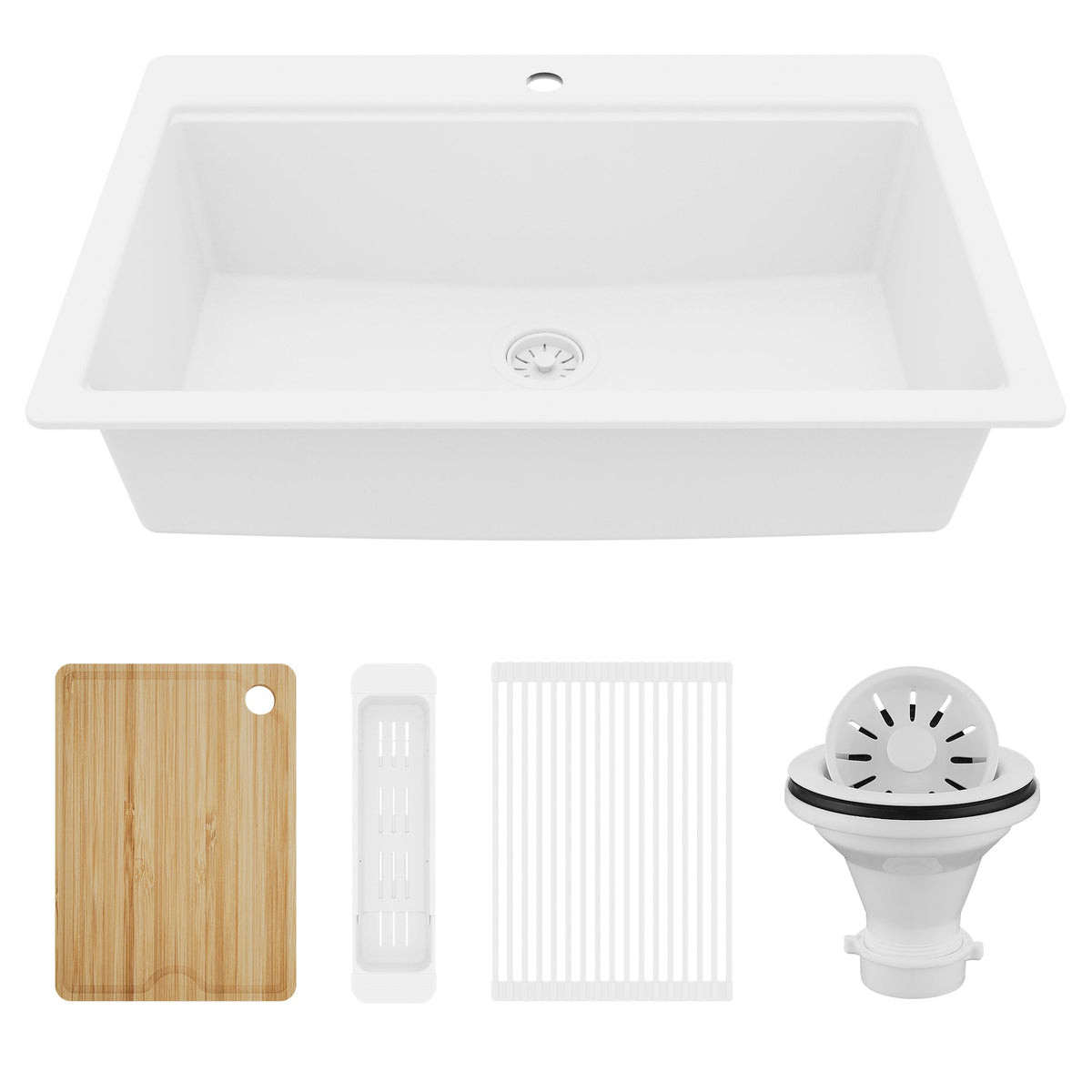 33" Top Mount Single Bowl Quartz Kitchen Sink Kit In White