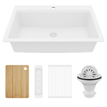 33" Top Mount Single Bowl Quartz Kitchen Sink Kit In White