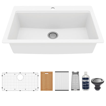 33" Top Mount Large Single Bowl Quartz Composite Workstation Kitchen Sink In White