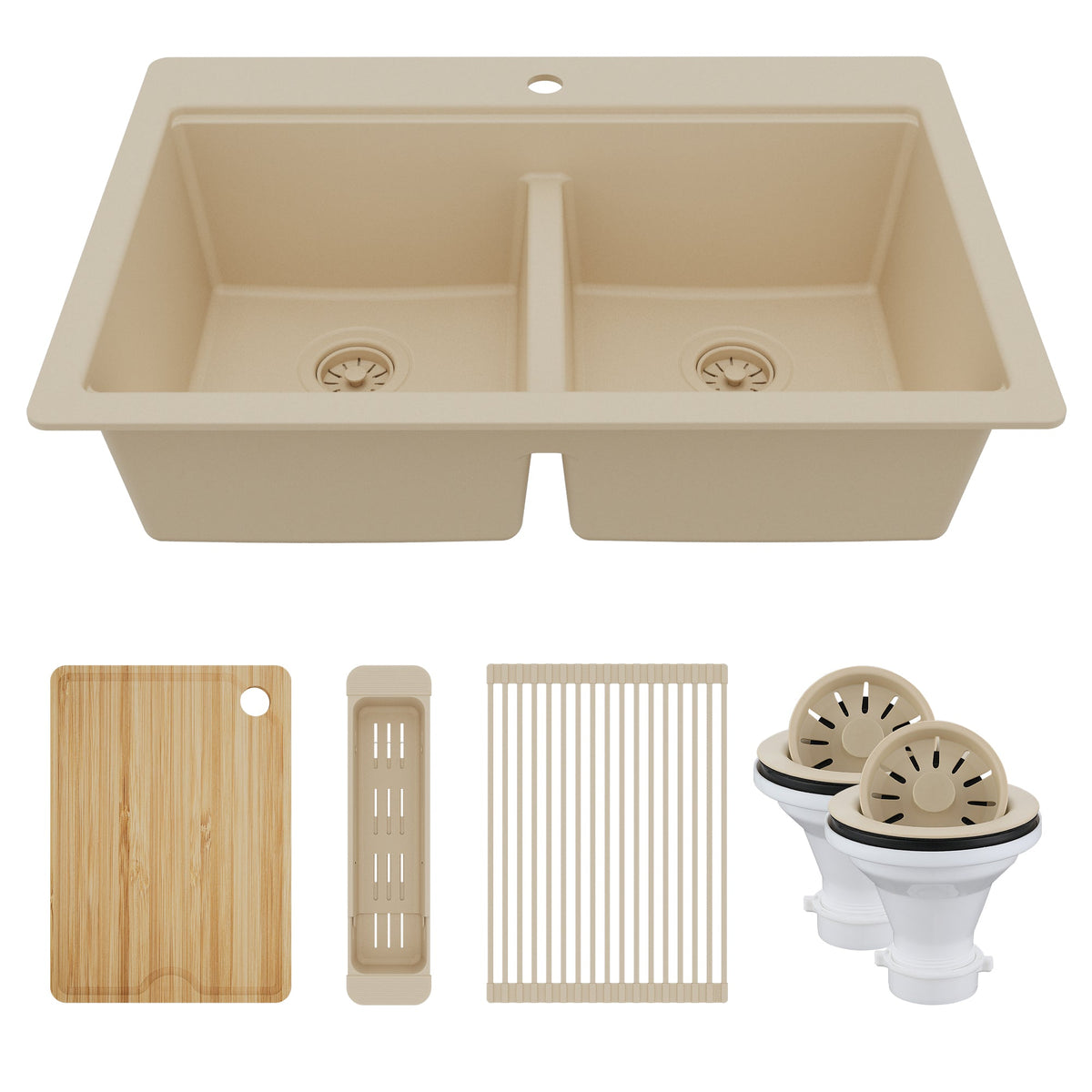 33" Top Mount Double Bowl Quartz Kitchen Sink Kit In Bisque