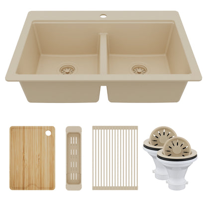 33" Top Mount Double Bowl Quartz Kitchen Sink Kit In Bisque