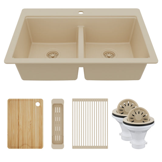 33" Top Mount Double Bowl Quartz Kitchen Sink Kit In Bisque