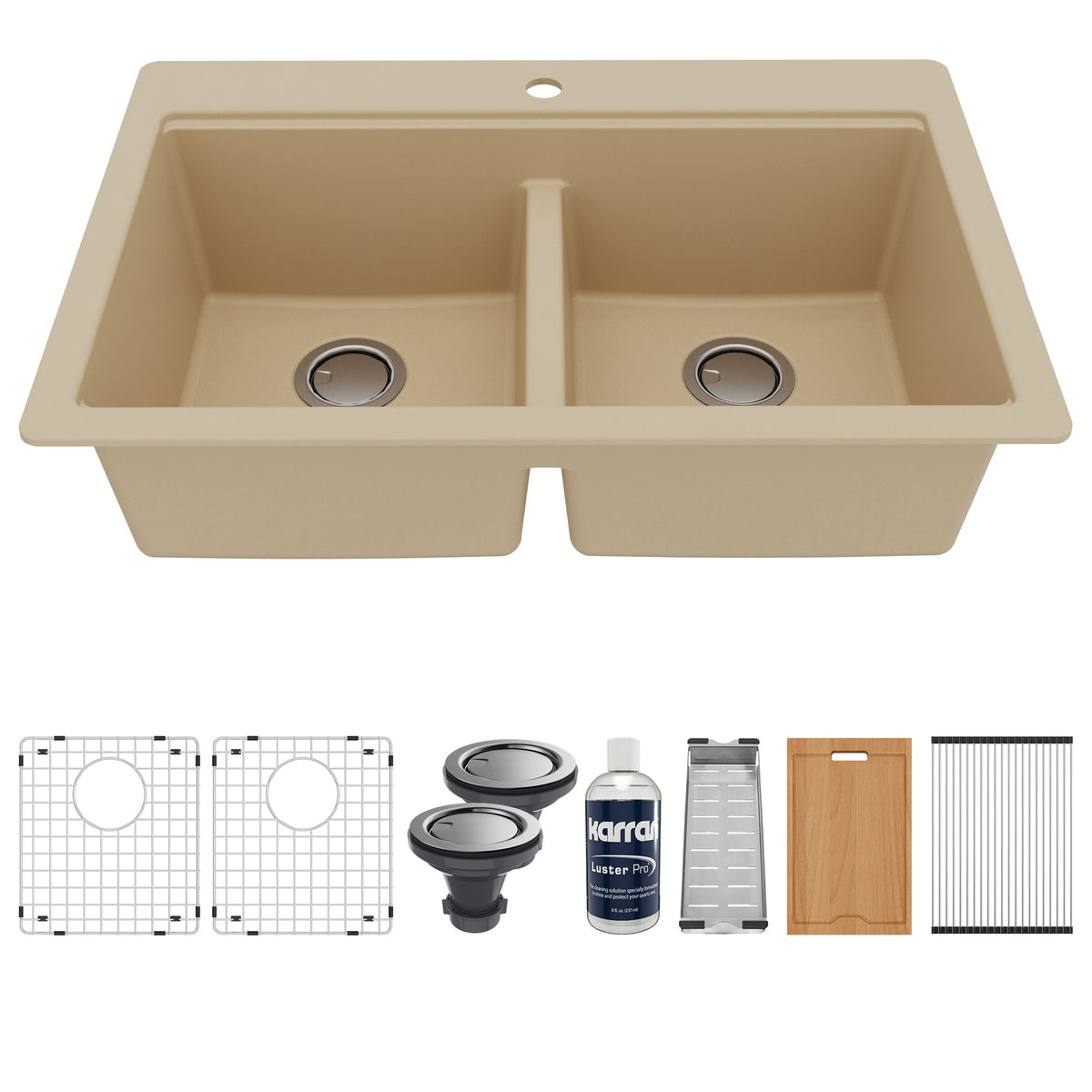 33" Top Mount Double Equal Bowl Quartz Composite Workstation Kitchen Sink In Bisque