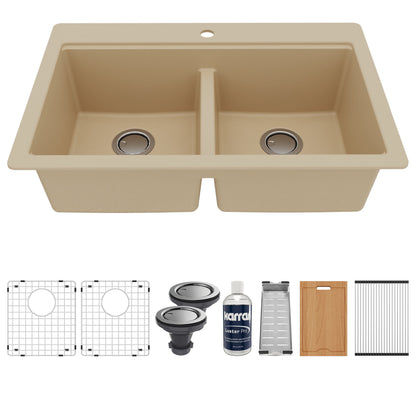 33" Top Mount Double Equal Bowl Quartz Composite Workstation Kitchen Sink In Bisque