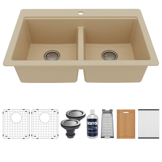 33" Top Mount Double Equal Bowl Quartz Composite Workstation Kitchen Sink In Bisque