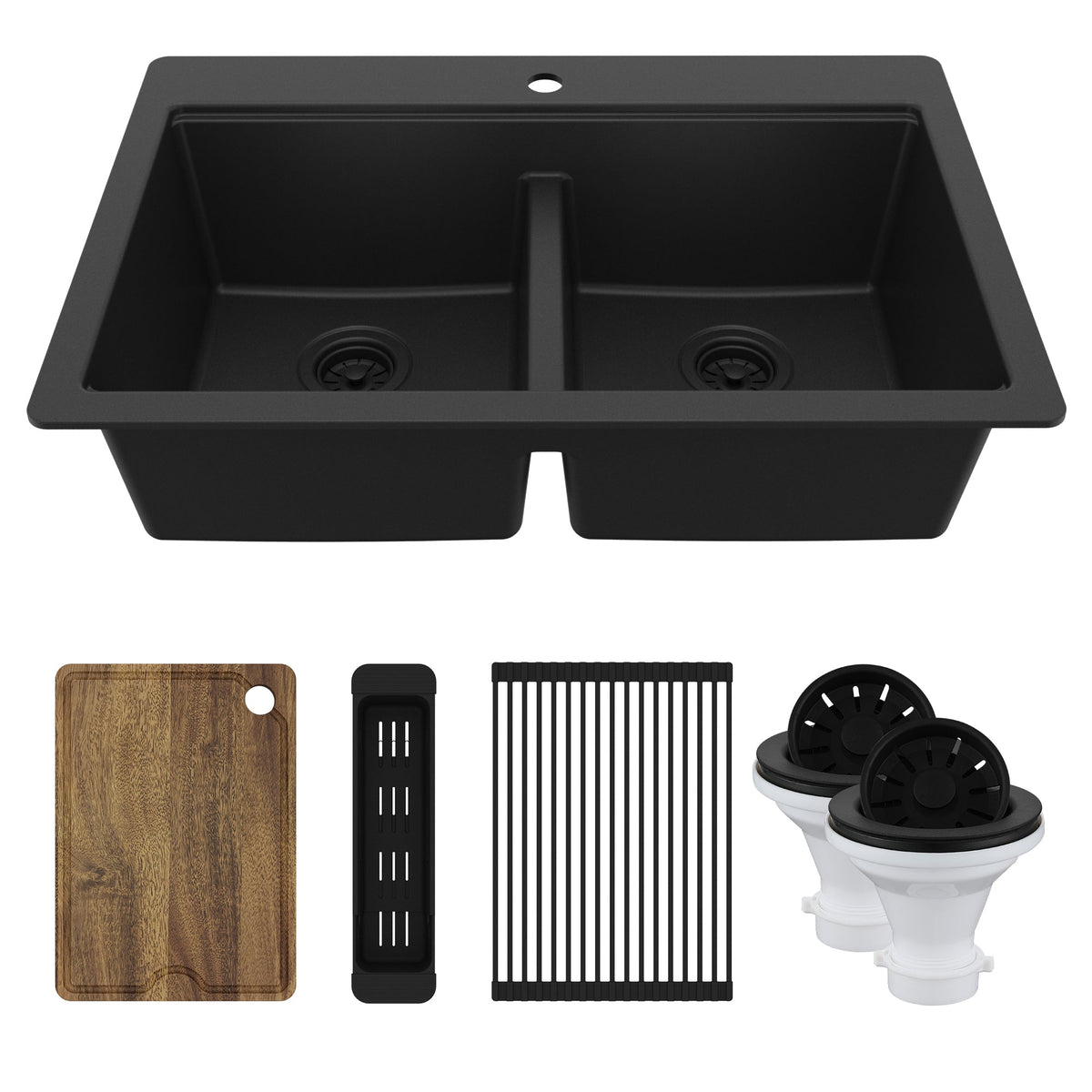 33" Top Mount Double Bowl Quartz Kitchen Sink Kit In Black
