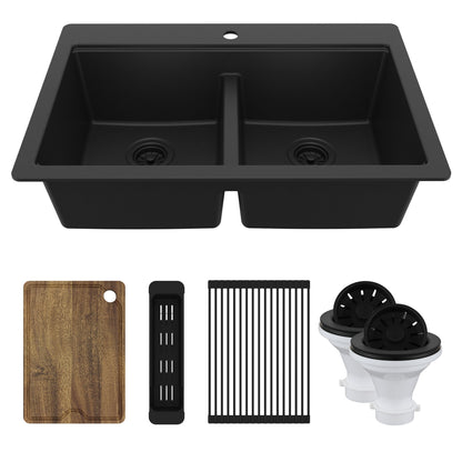33" Top Mount Double Bowl Quartz Kitchen Sink Kit In Black