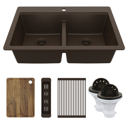 33" Top Mount Double Bowl Quartz Kitchen Sink Kit In Brown