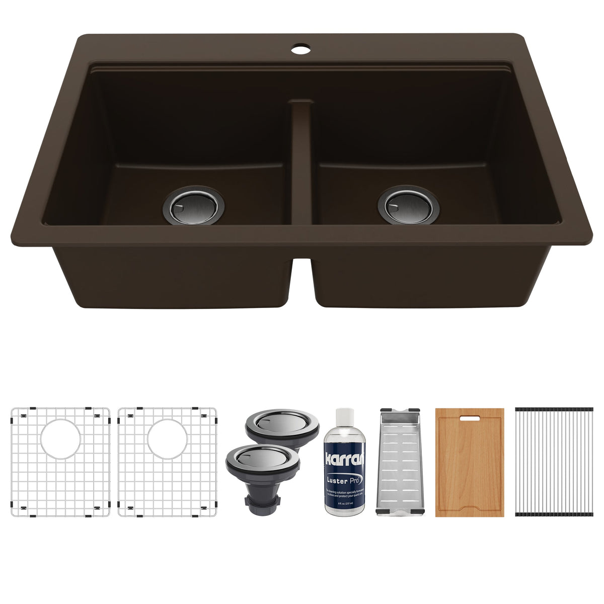 33" Top Mount Double Equal Bowl Quartz Composite Workstation Kitchen Sink In Brown
