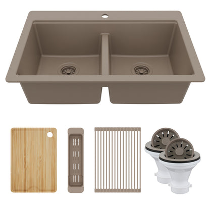 33" Top Mount Double Bowl Quartz Kitchen Sink Kit In Concrete