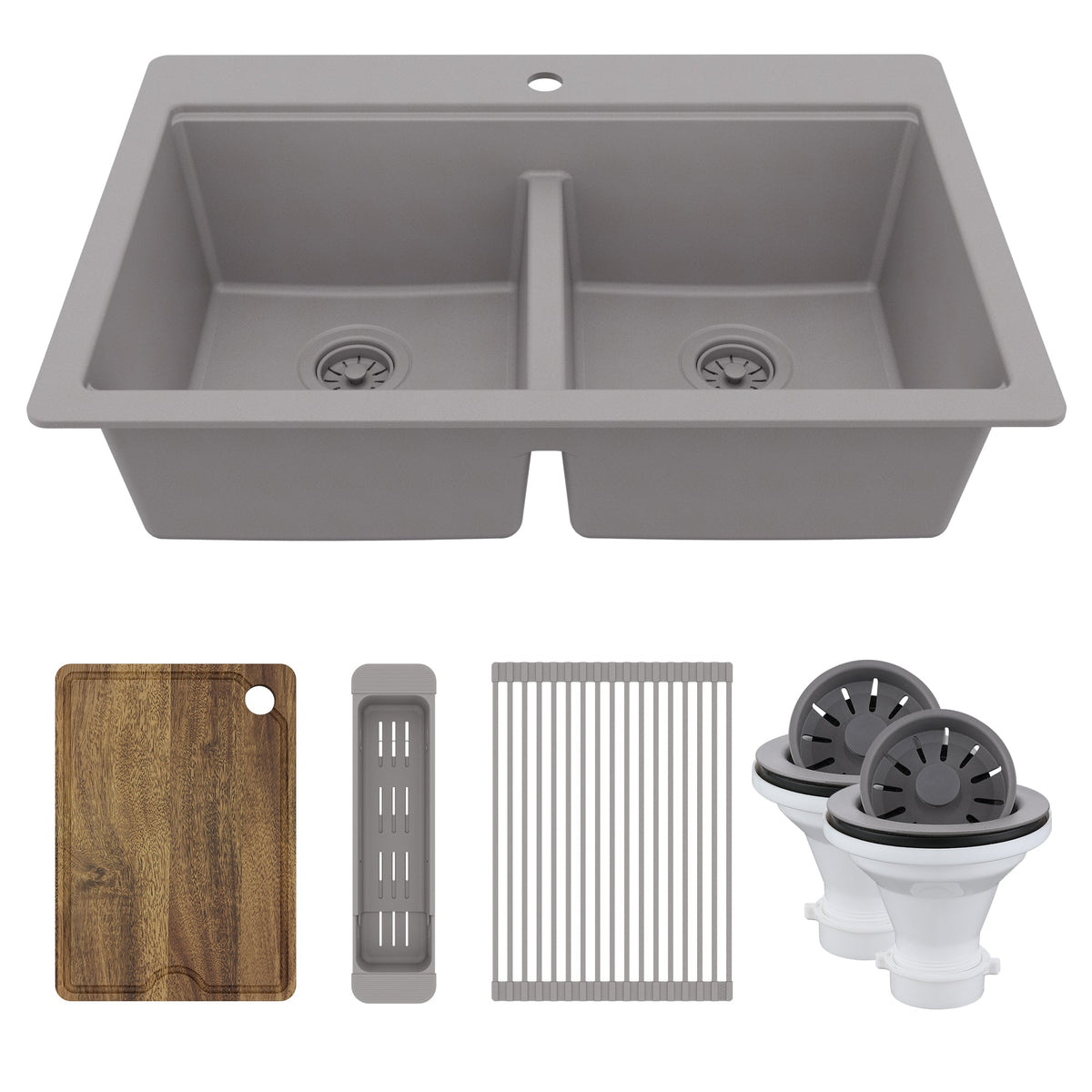 33" Top Mount Double Bowl Quartz Kitchen Sink Kit In Grey