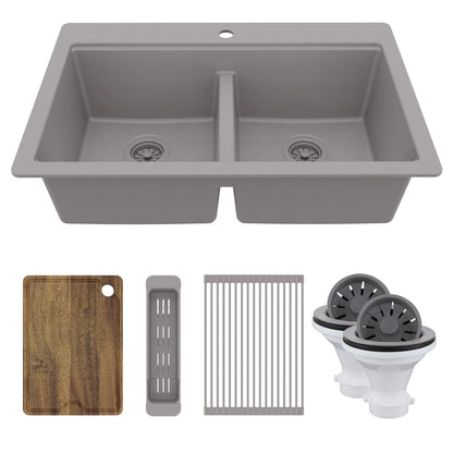 33" Top Mount Double Bowl Quartz Kitchen Sink Kit In Grey