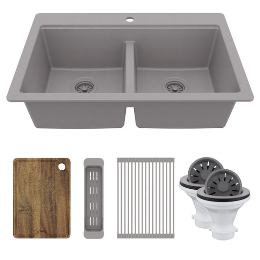 33" Top Mount Double Bowl Quartz Kitchen Sink Kit In Grey