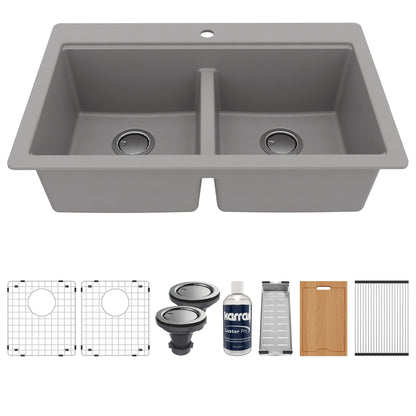 33" Top Mount Double Equal Bowl Quartz Composite Workstation Kitchen Sink In Grey