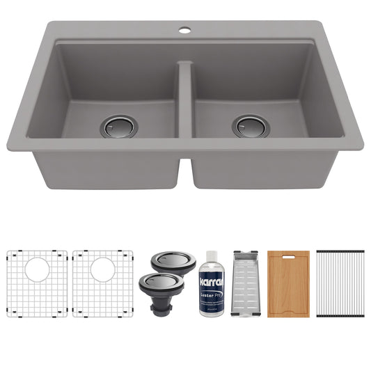 33" Top Mount Double Equal Bowl Quartz Composite Workstation Kitchen Sink In Grey