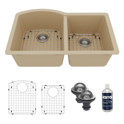 32-1/4" Undermount Double Offset Bowl Quartz Composite Kitchen Sink Kit In Bisque