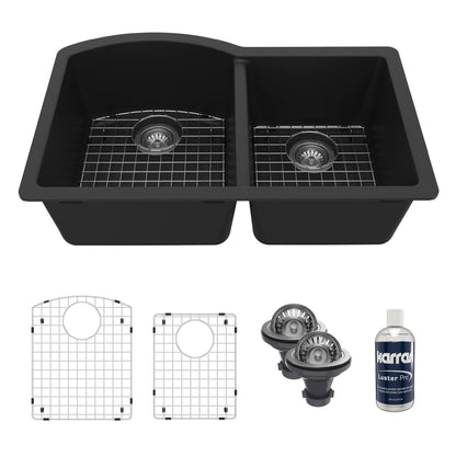 32-1/4" Undermount Double Offset Bowl Quartz Composite Kitchen Sink Kit In Black
