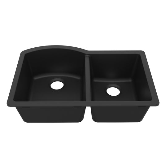 32-1/4" Undermount Double Offset Bowl Quartz Composite Kitchen Sink In Black