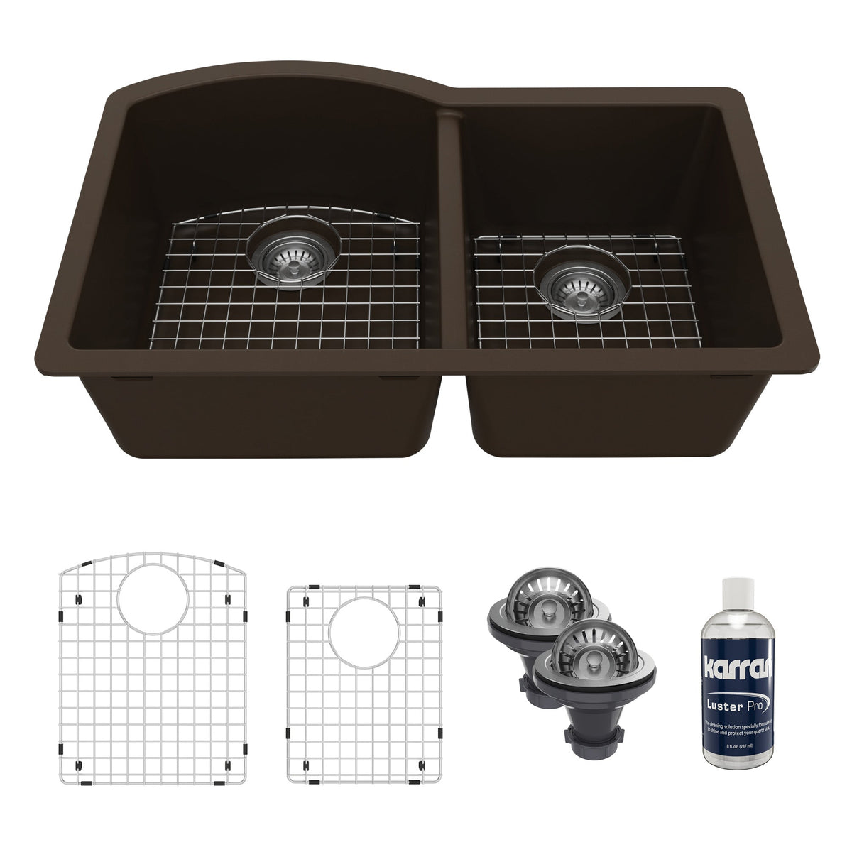 32-1/4" Undermount Double Offset Bowl Quartz Composite Kitchen Sink Kit In Brown