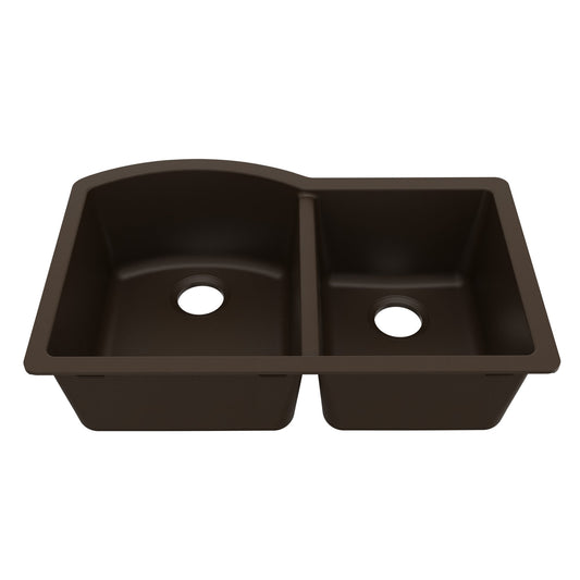 32-1/4" Undermount Double Offset Bowl Quartz Composite Kitchen Sink In Brown