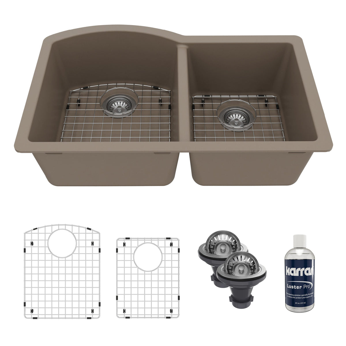 32-1/4" Undermount Double Offset Bowl Quartz Composite Kitchen Sink Kit In Concrete