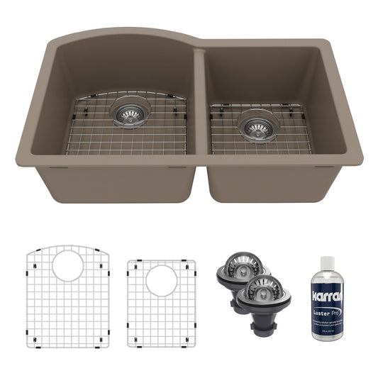 32-1/4" Undermount Double Offset Bowl Quartz Composite Kitchen Sink Kit In Concrete