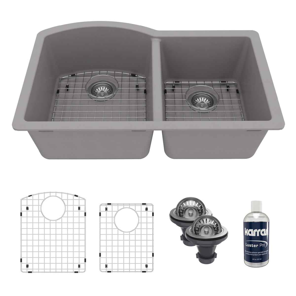 32-1/4" Undermount Double Offset Bowl Quartz Composite Kitchen Sink Kit In Grey
