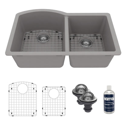 32-1/4" Undermount Double Offset Bowl Quartz Composite Kitchen Sink Kit In Grey