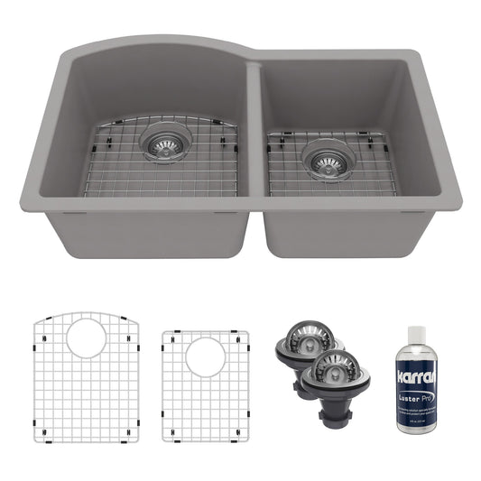 32-1/4" Undermount Double Offset Bowl Quartz Composite Kitchen Sink Kit In Grey