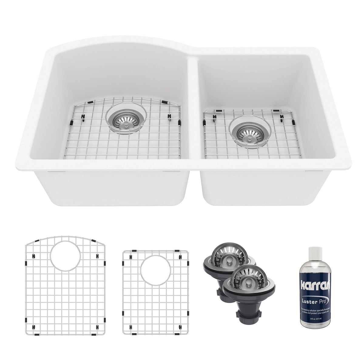 32-1/4" Undermount Double Offset Bowl Quartz Composite Kitchen Sink Kit In White