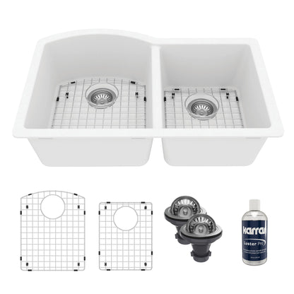 32-1/4" Undermount Double Offset Bowl Quartz Composite Kitchen Sink Kit In White