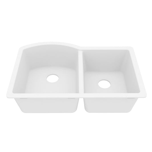 32-1/4" Undermount Double Offset Bowl Quartz Composite Kitchen Sink In White