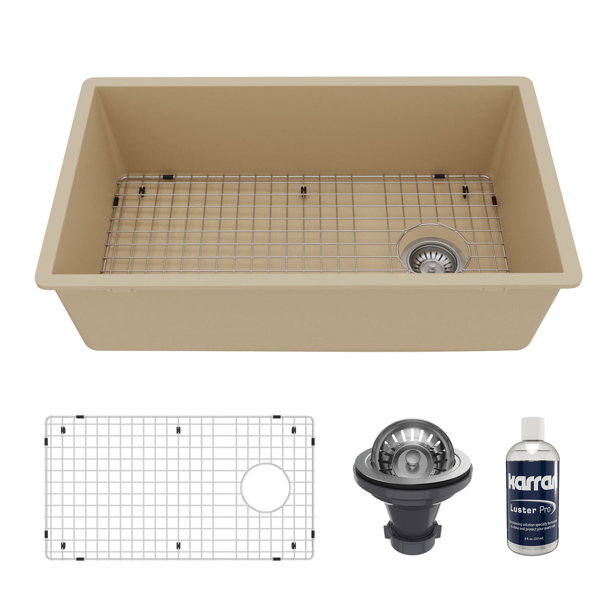 31-5/8" Undermount Large Single Bowl Quartz Composite Kitchen Sink Kit In Bisque