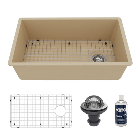 31-5/8" Undermount Large Single Bowl Quartz Composite Kitchen Sink Kit In Bisque