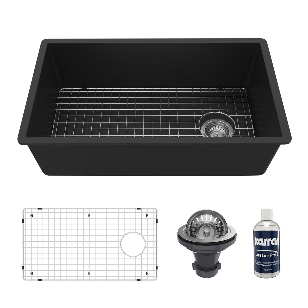 31-5/8" Undermount Large Single Bowl Quartz Composite Kitchen Sink Kit In Black
