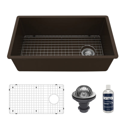 31-5/8" Undermount Large Single Bowl Quartz Composite Kitchen Sink Kit In Brown