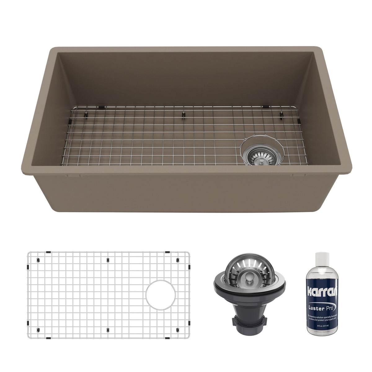 31-5/8" Undermount Large Single Bowl Quartz Composite Kitchen Sink Kit In Concrete