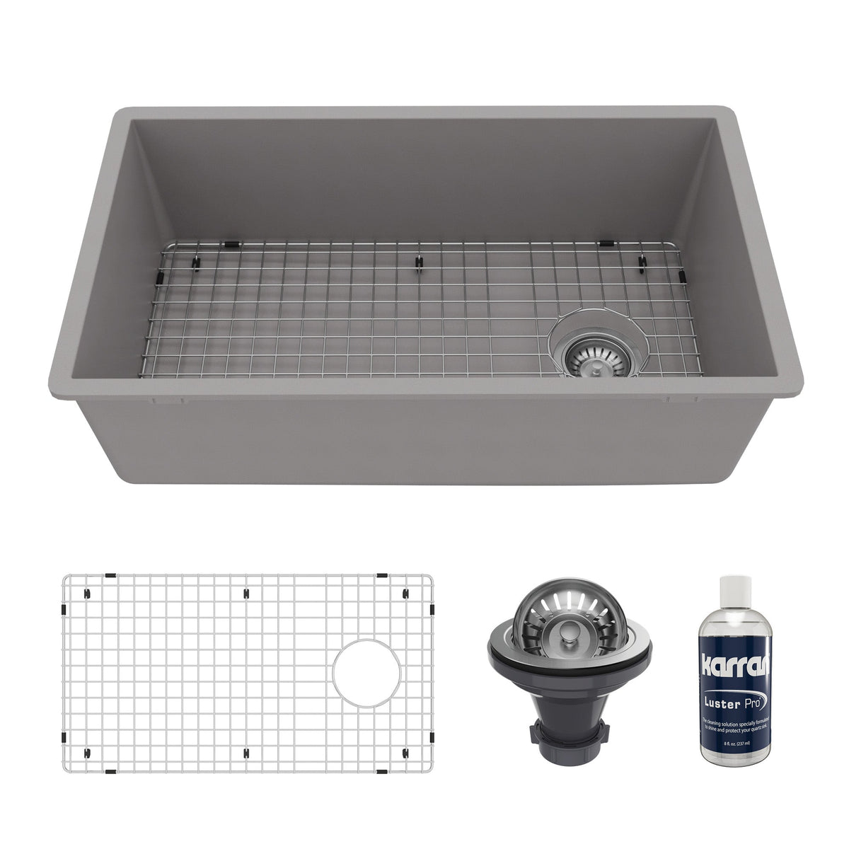 31-5/8" Undermount Large Single Bowl Quartz Composite Kitchen Sink Kit In Grey