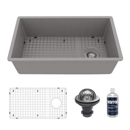 31-5/8" Undermount Large Single Bowl Quartz Composite Kitchen Sink Kit In Grey