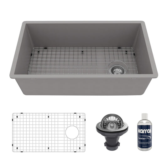 31-5/8" Undermount Large Single Bowl Quartz Composite Kitchen Sink Kit In Grey