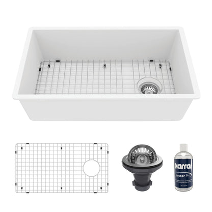 31-5/8" Undermount Large Single Bowl Quartz Composite Kitchen Sink Kit In White