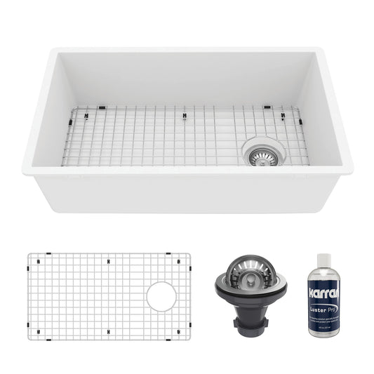 31-5/8" Undermount Large Single Bowl Quartz Composite Kitchen Sink Kit In White