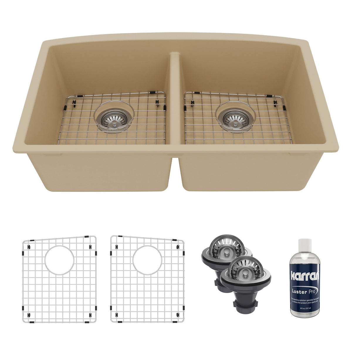 32-1/2" Undermount Double Equal Bowl Quartz Composite Kitchen Sink Kit In Bisque