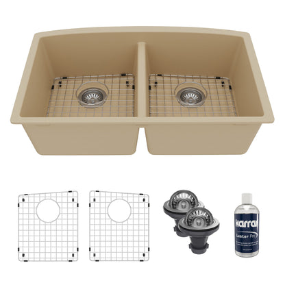 32-1/2" Undermount Double Equal Bowl Quartz Composite Kitchen Sink Kit In Bisque