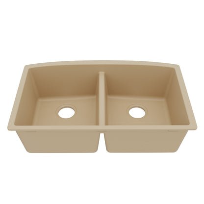 32-1/2" Undermount Double Equal Bowl Quartz Composite Kitchen Sink In Bisque